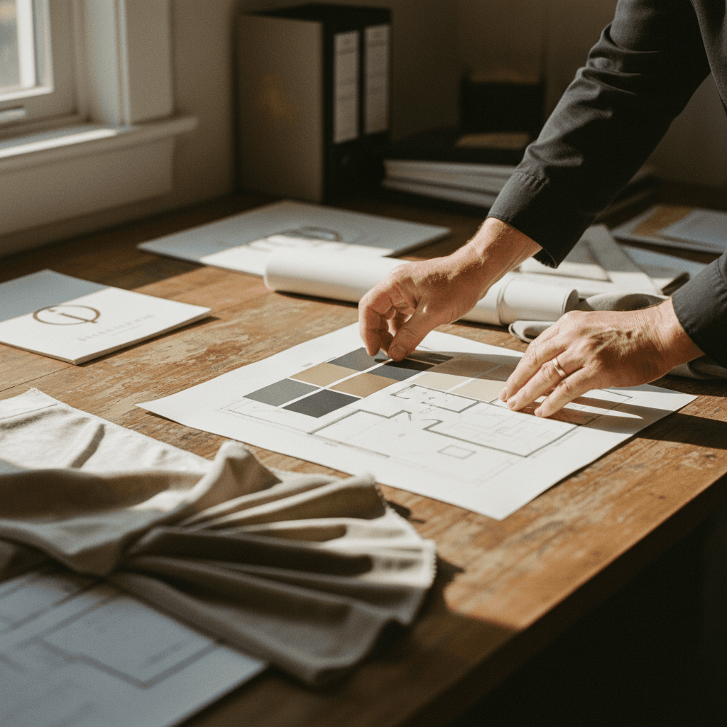 Event planner arranging creative design materials