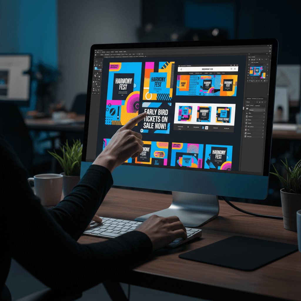 Digital marketing and promotional design work displayed on screen