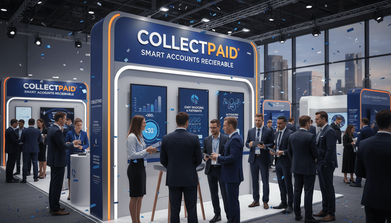 COLLECTPAID corporate event with marketing display and services showcase.