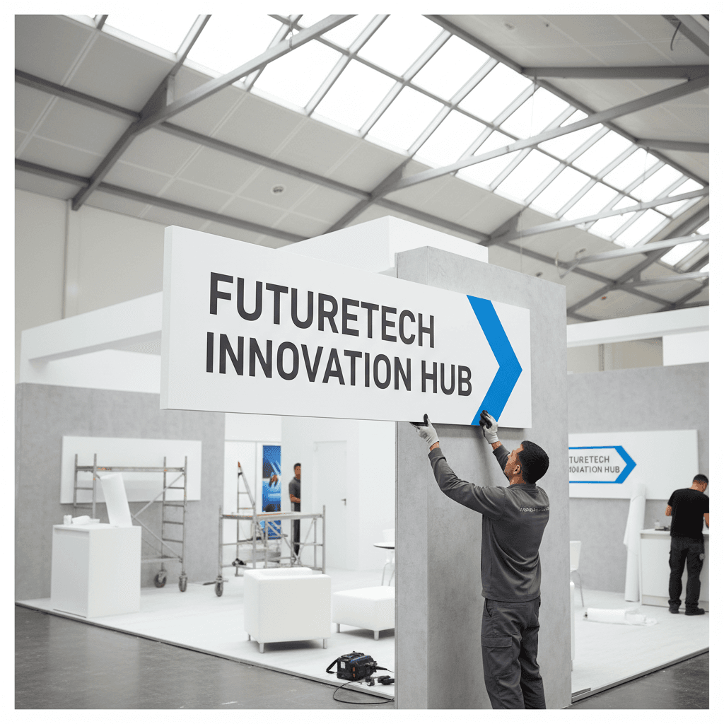 Professional installing large-format exhibition signage in a corporate event space
