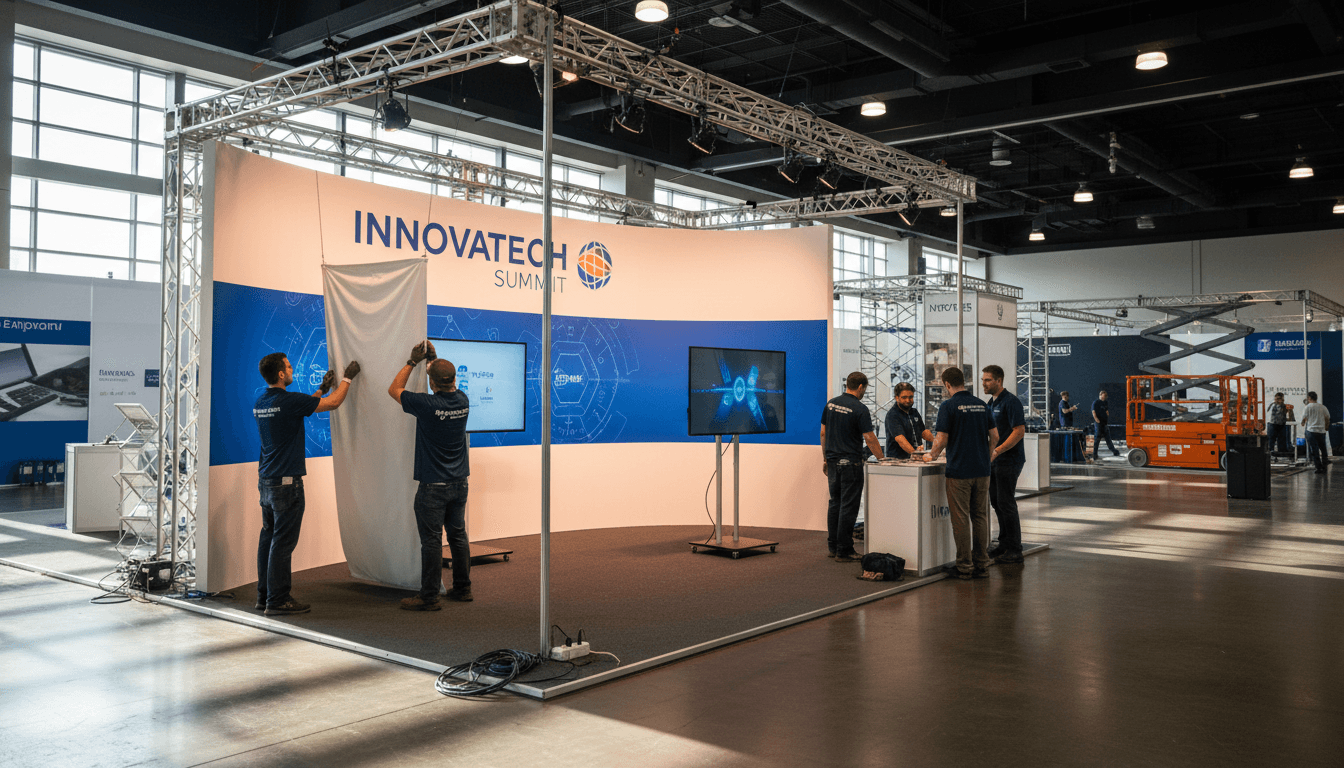 Professional exhibition booth setup with branded materials and on-site event installation
