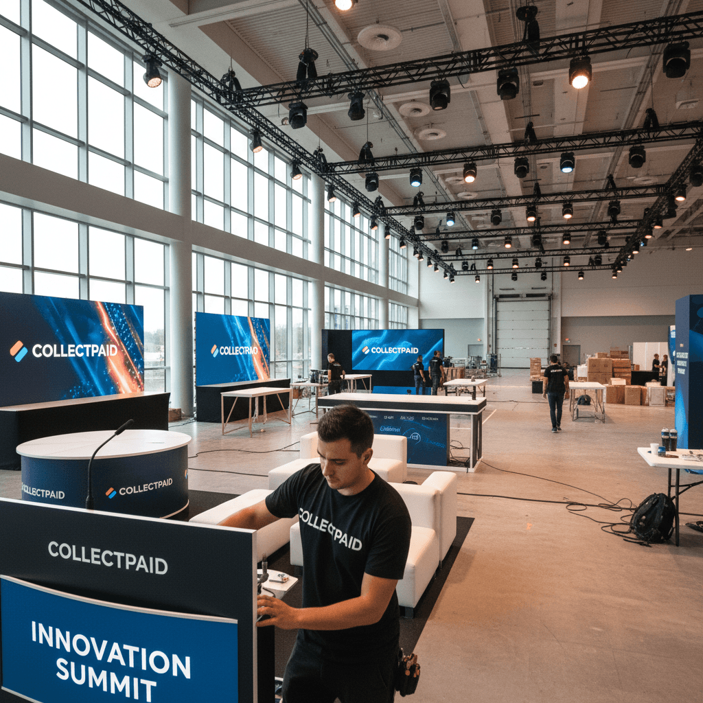 Professional team setting up branded event space with custom signage and displays