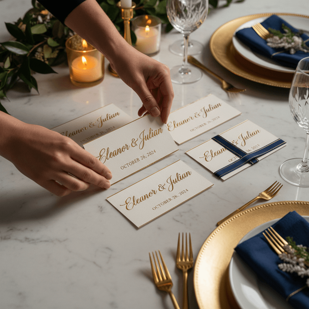 Event designer arranging luxury name cards and stationery