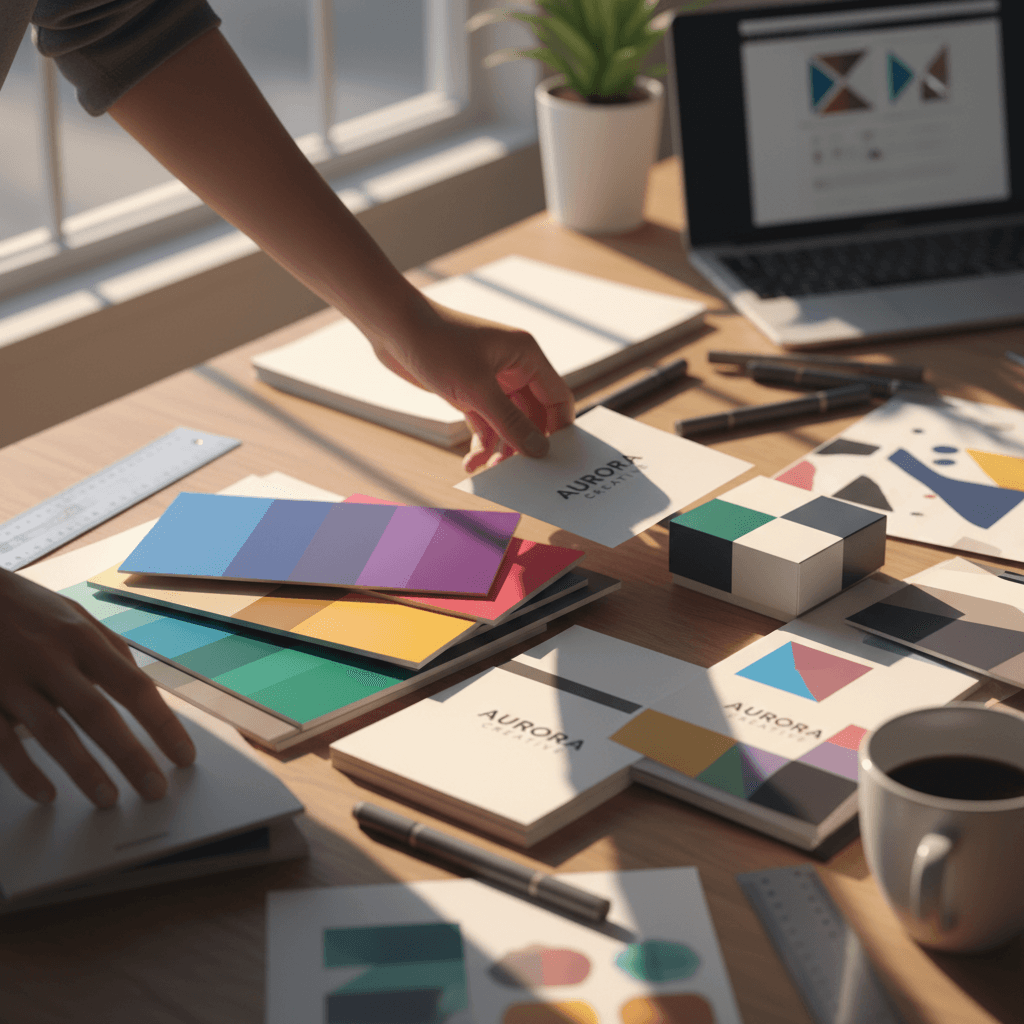 Event designer arranging marketing design materials and color swatches